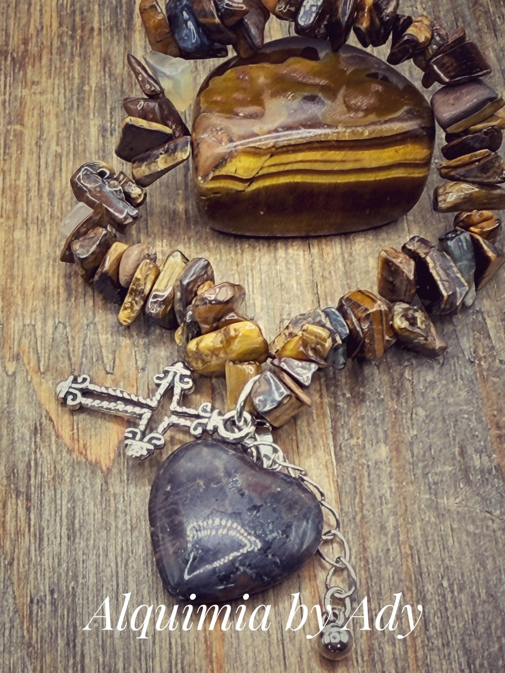 Tiger Eye + Que sera + Beaded Necklace with Heart and Cross Charms